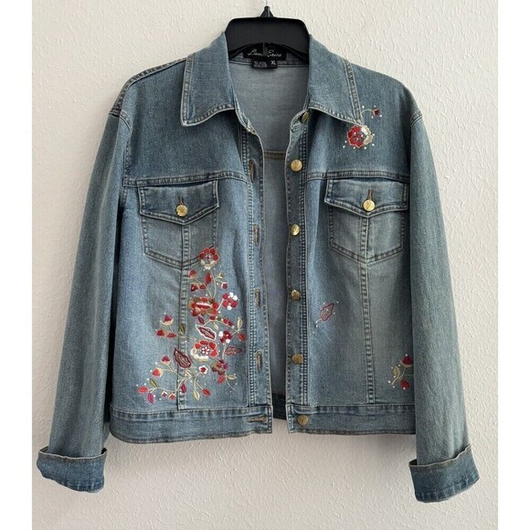 Lana Erica Vintage Floral Embroidered jean jacket jeans XL / 12 - Picture 1 of 8